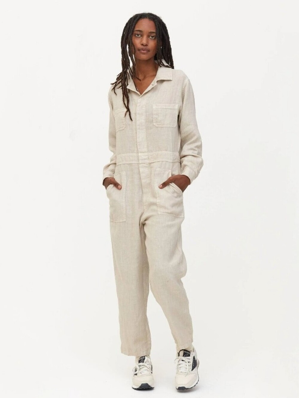 Mate The Label Womens Oatmeal 100% Linen Long Sleeve Jumpsuit - Size Small